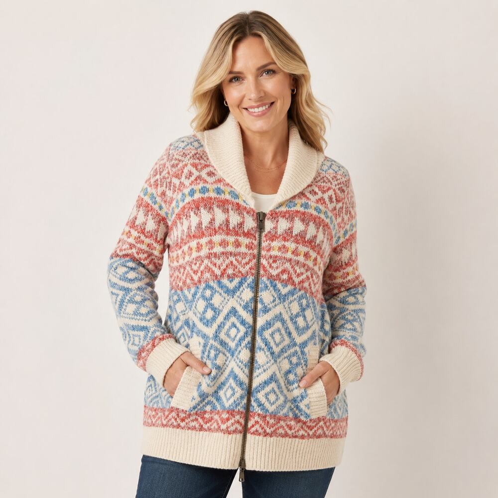 CAbi SZ XL Highlands Cardigan Fair Isle Zip Front Pockets Shawl Collar 3847